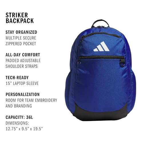 Image of adidas Striker 3 Team Sports Backpack - Daypack for Sports Gym Travel, 36L, Royal Blue, OSFA