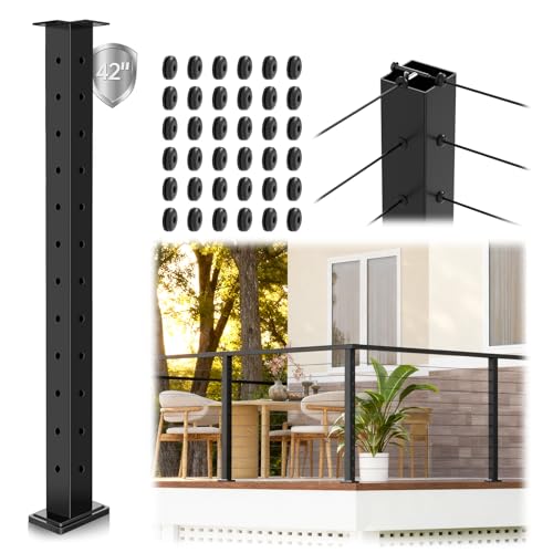 Image of 42 inch T-Drilled Corner Cable Railing Post, Three-Side Holes Stainless Steel T304 Corner Rail Post, Upgraded Black One-Post Corner Solution, Wire Metal Post for Indoor Outdoor Corner Railing
