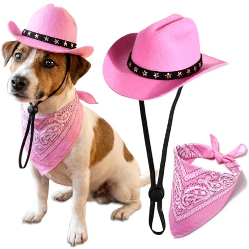 Pet Cowboy Costume Dog Cowboy Hat with Bandana Scarf Adjustable Cat Cowboy Hat for Party Cosplay Christmas Halloween Cowboy Costumes for Small Pet Dogs Cats (Pink Medium)
