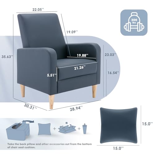 Image of COLAMY Mid-Century Modern Accent Chairs Set of 2, Faux Leather Upholstered Living Room Chairs with Back Pillow & Solid Wood Legs, Comfy Armchair for Living Room, Bedroom, Single Sofa, Dark Blue