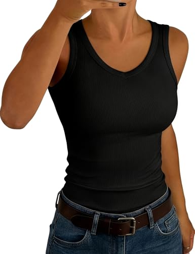 Aottori Vest Tops Women UK Summer Ribbed Tank Top V Neck Sleeveless Camisole Lightweight Stretchy Fitted Basic Base Undershirt Casual Cami Black S