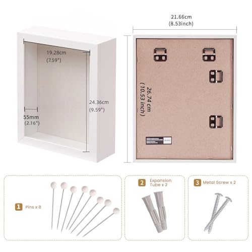 Image of Muzilife Shadow Box Photo Frame 8x10 2.25 Inch Deep Wood and Glass Ready to Hang Memory Box Baby Sports Memorabilia Wedding Tickets and Photos (White)