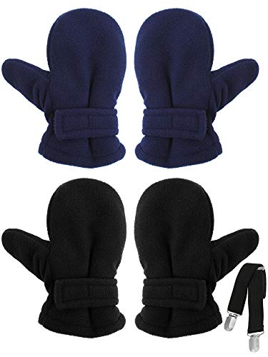Cooraby 2 Pairs Toddler Kids' Sherpa Lined Mittens Baby Boys or Girls Winter Gloves with Adjustable Mitten Clips (Black/Navy blue, 2-4 Years)