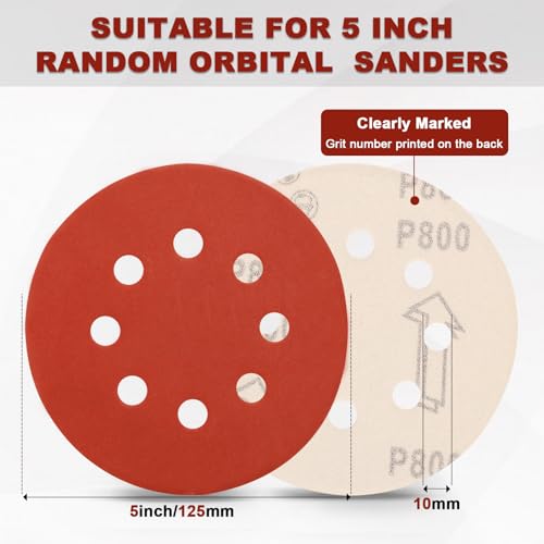 Image of 100 PCS 5 Inch Sanding Discs 800 Grit, 8 Hole Aluminum Oxide Hook and Loop Round Sandpaper for Random Orbital Sander
