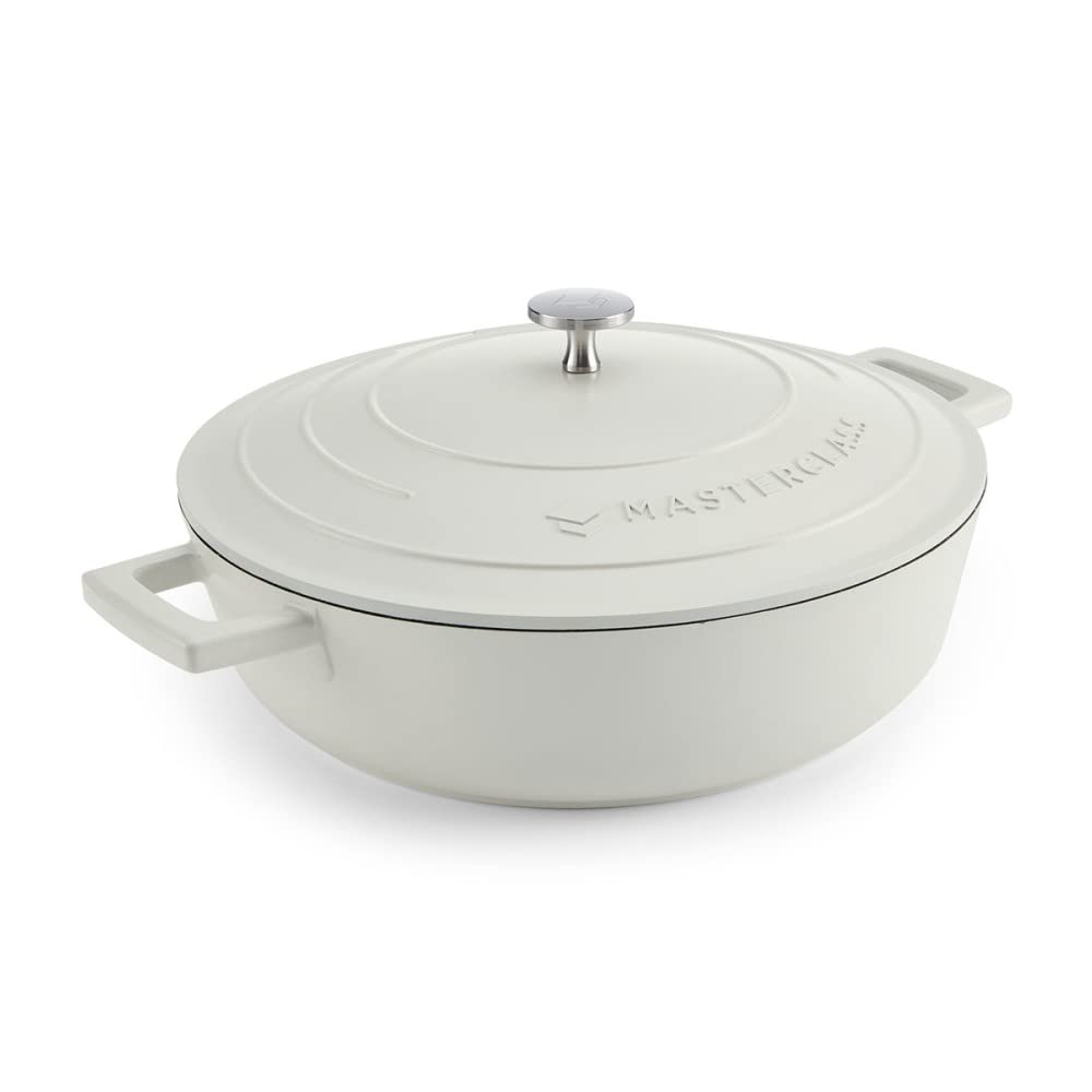 Masterclass Cream Shallow Casserole Dish With Lid, Hob To Oven To Table Casserole Pan, Ultra Lightweight, Optimum Heat Conduction, 4L,