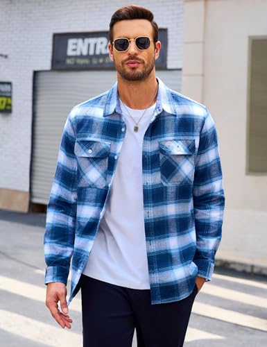 MAGCOMSEN Men's Flannel Shirts Cotton Long Sleeve Plaid Shirt Casual Fashion Button Up Shirts Jackets with 2 Pockets2