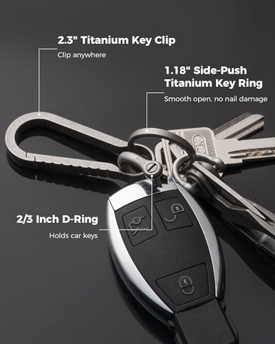 Image of FEGVE Titanium Key Clip with Side Push Key Ring & 2 /3″ D Ring for Car Key | Gr5 Titanium, Lightweight Rustproof, Anti-deform Integrated Spring Clip, Nail-Safe Side Push Ring, Thick-Key D-Ring