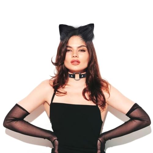 Paxrmuky Katzenohren Haarreif, Katzenkostüm Damen Erwachsener Set mit Plüsch Schwarz, Katzenschwanz und Katzenohren Halsband für Halloween, Karneval, Kostümfest, Katze Cosplay