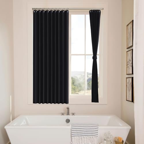 NICETOWN Black Blackout Curtains for Kitchen - Accordion Style Thermal Insulated Sliding Door Curtain Draperies Energy Saving Short Window Blinds for