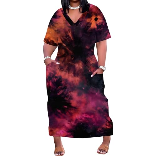 Image of SUZONANA Women Casual T-Shirt Dress V Neck Short Sleeve Solid Color Oversize Dress with Front Two Pockets
