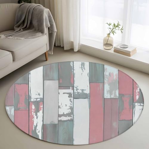 Round Area Rug 4ft, Pink Gray Washable Non-Slip Circle Rugs