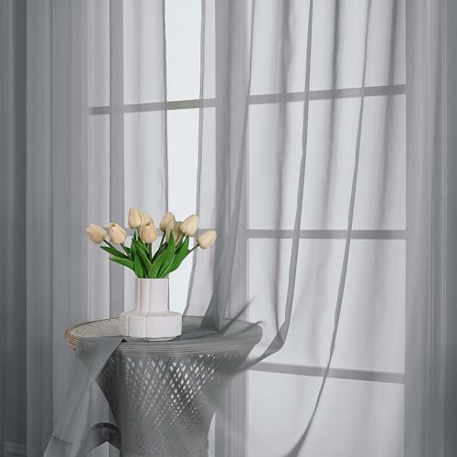 Image of OWENIE Grey Sheer Curtains 120 Inches Long 2 Panels Set, Airy Lightweight Sheer Grey Curtains for Living Room Bedroom, Farmhouse Voile Filmy Rod Pocket Curtains Drapes, 2 Pcs, Each 59 inch Wx120 L Inch