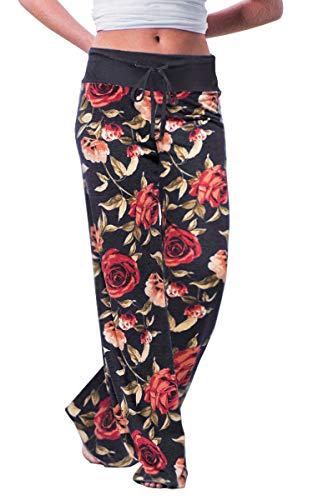 Image of AMiERY Women's Comfy Casual Pajama Pants Floral Print Drawstring Palazzo Lounge Pants Wide Leg