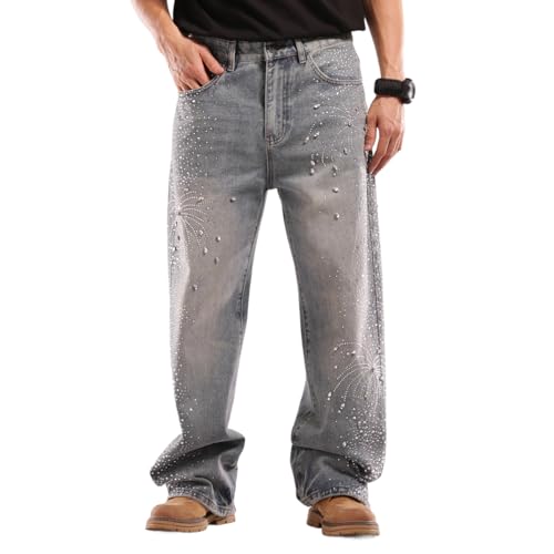 Mens Rhinestone Jeans Vintage Baggy Sparkly Wide Leg Denim Pants