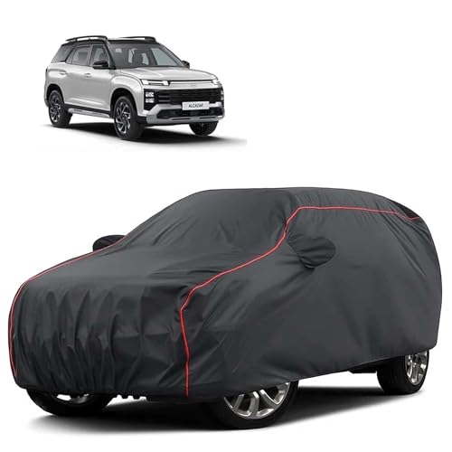 Image of Sulfar 100% Water Resistant Car Body Cover Compatible with Mirror for Hyundai Alcazar (Triple Stitched, Full Bottom Elastic, Dark Grey Tafetta with Red Piping)