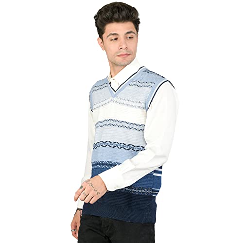 Image of Men Woolen V-Neck Printed Design Sleeveless Pullover Heavy Rainbow Fabric Winter Wear Pure Wool Cardigan Regular Coaty Fully Warm Heavy Pullover Cardigans Free Sizes