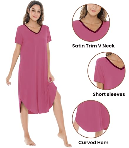 Image of NACHILA Nightgowns for Women-Viscose Made from Bamboo, V Neck Sleepshirts Short Sleeve Sleepwear Cool Nightshirt