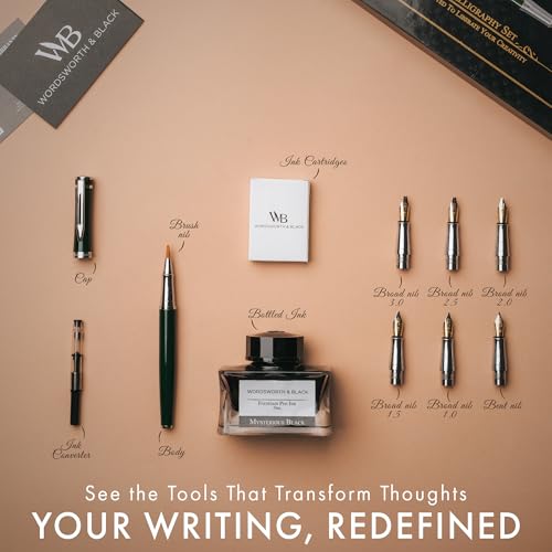 Image of Wordsworth & Black Luxury Calligraphy Pen Set for Writing, 6 Nibs, Green | Fountain Ink Bottle, Cartridges & Refill Converter, Refillable, Green, High End Gift for Men & Women, Journaling & Lettering