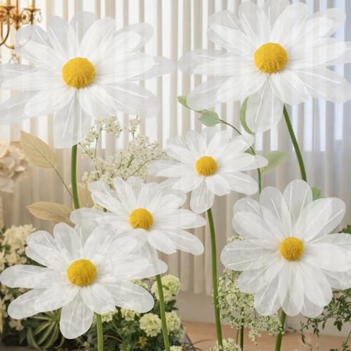 FineCheer 6 Pcs White Large Daisy Flowers for Decoration 12 15.8 20 Giant Silk Artificial Flower Fake Daisy for Wedding Garden Birthday Party Bridal Baby Shower Decor Rod is Not Included