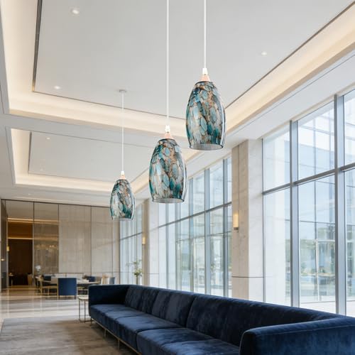 Image of GO&SO Blue Glass Lamp Shade 3Pcs,7.8 inch H x 4 inch D,Oval Pendant Light Shades | 1.57 inch Fitter E26 Base,Hand-Blown Art Fixtures,Chandelier Shades for Kitchen Island,Hanging Light Shades