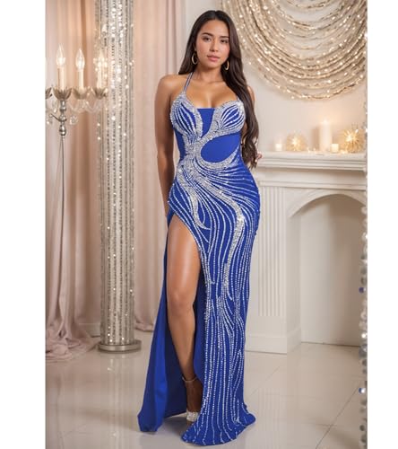Image of Jigfar Women Sexy Elegant Rhinestone Mesh See Through Party Club Night Split Bodycon Formal Maxi Dress
