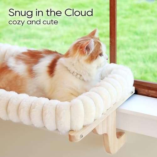 Image of Zakkart SnugCloud Cat Window Perch with 4-Sided Bolster - Orthopedic Cat Hammock for Window Sill - Solid Hardwood & Metal Frame - Window Seat for Pets (Natural Color Wood w /White Bed, Medium)