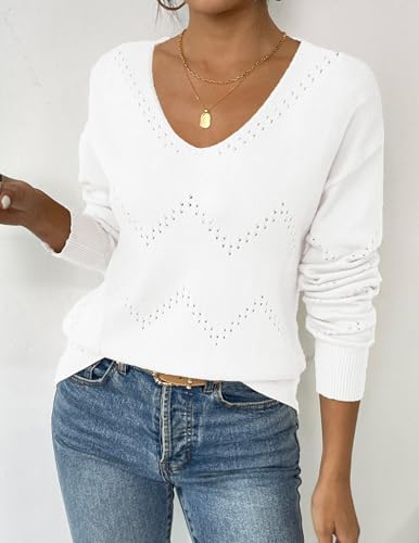 Image of Zeagoo Womens Sweaters Fall Trendy Casual Long Sleeve Shirt Lightweight V Neck Off Shoulder Crochet Pullover Top Outfit
