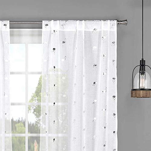 Lala + Bash Sandie Metallic Birds Pole Top Window Curtain Drapes For Bedroom, Livingroom, Kids Room, Children, Nursery-Assorted Colors-Set Of 2 Panels, 37 X 84 Inch, White & Silver #TOP1