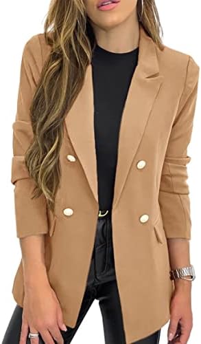Hdieso Women's Solid Color Casual Long Sleeve Lapel Blazer Jacket Khaki