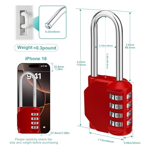 Image of Long Combination Lock, 4 Digit Combination Padlock, Resettable Weatherproof Combo Lock for School, Gym & Employee Locker, Outdoor, Fence | 4 Digit Number Lock for School, Gym & Employee Locker, Weatherproof Padlock Outdoor for Shed, Fence Backyard Gate