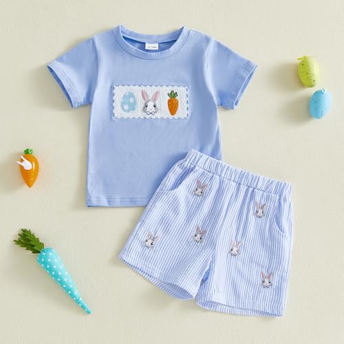 Image of Toddler Baby Boy Easter Rabbit Outfit Short Sleeve Bunny Carrot Smocked T-shirt Elastic Waist Shorts Summer Clothes