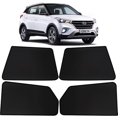 Image of OTO2EYE Car Sun Shade Compatible for Hyundai Creta Model 2020 to 2023, Z-Black Fix Type Side Window Curtains, Only Half Cut in Front Window, 4 Pieces Set