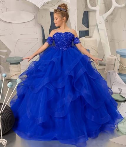 Off Shoulder Pageant Dresses for Girls Lace Applique Ruffle Flower Girl Dress Princess Ball Gown2