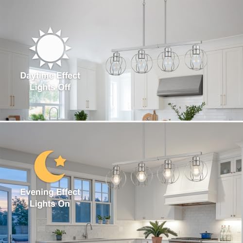 Dining Room Island Chandelier Light Fixtures, 4-Light Modern Brushed Nickel with Cage Shade, Farmhouse Industrial Linear Pendant Light with Adjustable Chain for Kitchen Island, Living Room, Bedroom — view 5