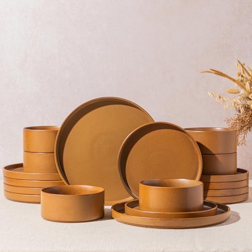Image of LERATIO Ceramic Dinnerware Sets for 6, High Edge Stoneware Plates and Bowls Set, Chip and Crack Resistant | Oven & Dishwasher & Microwave Safe Dishes Set, Service for 6