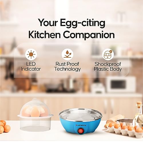 Image of Longway Eggo 350 Watt Egg Boiler /Cooker for Steaming, Cooking & Boiling with 3 Boiling Modes Soft, Medium, Hard (Blue, 14 Eggs)