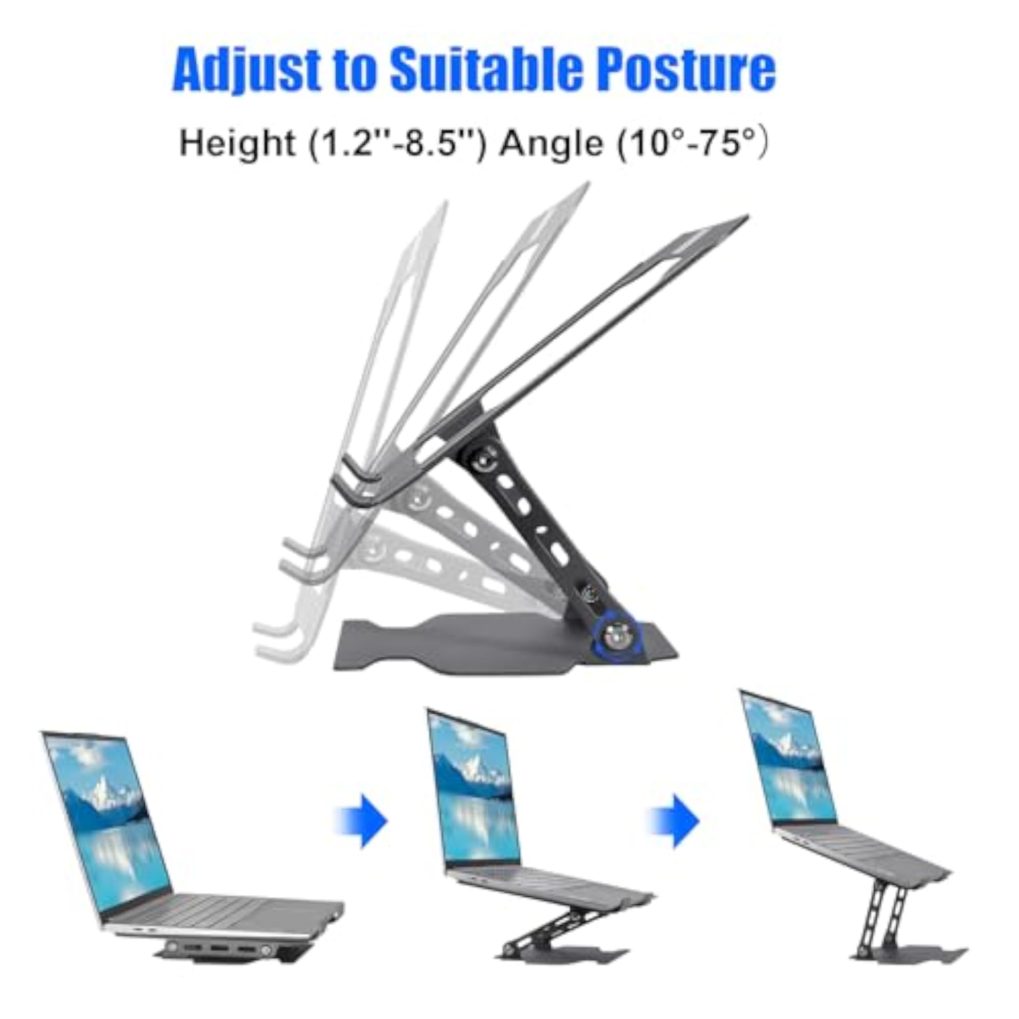 Portable Ergonomic Laptop Riser for Desk, Adjustable Carbon Steel Stand