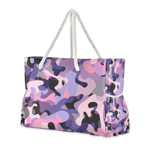 Camouflage Purple Pink Sandproof Bag For Women with side pocketes Travel Totes Bags with cup holders on side