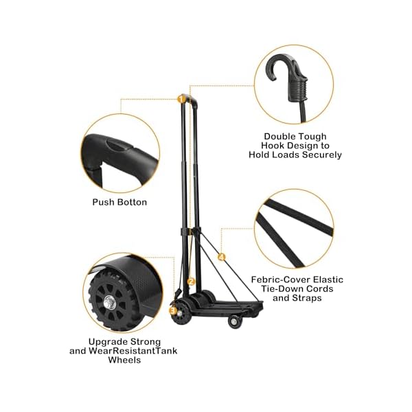 WONSEFOO Gepäckwagen, 50Kg/110Lbs Faltbarer Transportkarren Handwagen, Leichtgewichtiger Transportkarre, Komfortable & klappbare, für Getränkekisten, Blumenkübel,Geschäftsreise, Schwarz, M – Bild 7