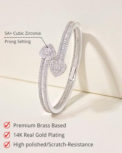Lulu Mel Iced Heart Bracelet Baguette Bracelet Jewelry Bangle Bracelet for Women, Hip Hop Mens 14k Gold Silver Plated Cubic Zirconia Bangle Bracelet, Women Heart Cuff Bracelet With Jewelry Box3
