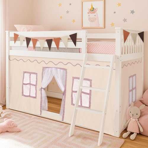 Breling 3 Panel Bunk Bed Curtains for Bottom Loft Bed Tent Set with Felt Flag Double-Layer Twin Bunk Curtains Playhouse Accessories for Boy Girl Bedroom(Cream Classic)