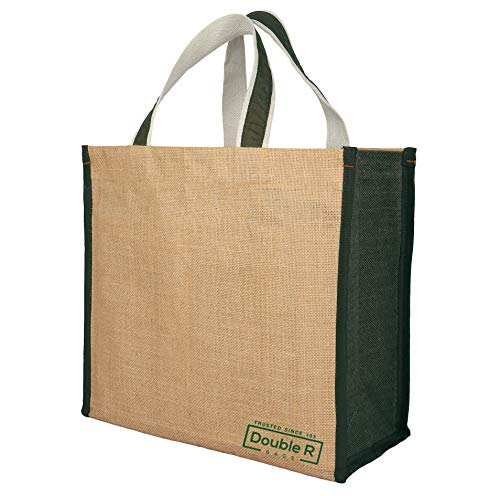 Image of DOUBLE R BAGS Big Heavy Duty Eco Reusable Jute Cloth Shopping Bag with 6 Pockets & Reinforced Handles | Grocery, Milk, Fruits & Vegetable Carry Organizer Tote | Dark Green, 45x17x35 cm, 1 Compartment