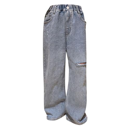 Ripped Straight Wide Leg Pants Denim Jeans for Kids Cotton Distressed Washed Baggy Casual (Blue, 5-6 Years)