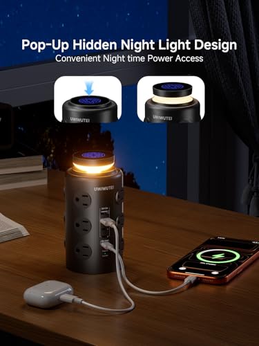 Image of Tower Power Strip Surge Protector with Wireless Charging & Night Light - PD20W Fast Charging Station,12 Outlets, 5 USB (3 USB-C),1800J Protection, 6FT Extension Cord, Home Office Essentials (Black)