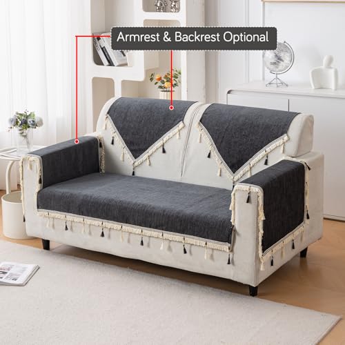 Image of HOKIPO 'Serenity Tassel' Chenille 2 Seater Sofa Cover with Tassel - Midnight Graphite (IN-891-DGRY)