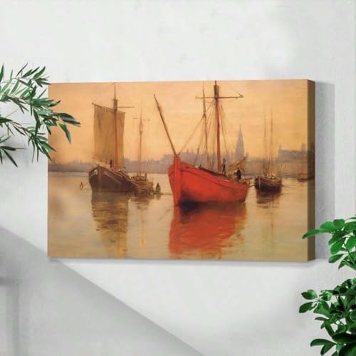 Affiche murale bateau rouge impressionniste cadre décoration salon 60x80