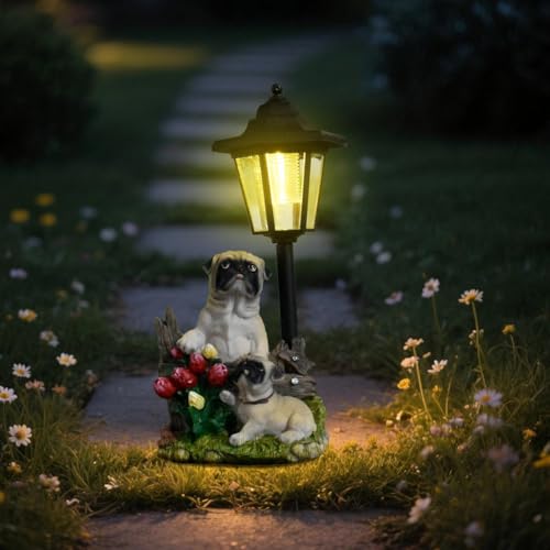 GIGICICI Solar Garden Outdoor Decor Statues Country Farm Pug Dogs with Light,Outside-Outdoor Decorations Sculptures for Patio Yard Lawn Walkway Ornaments Gifts for Mom Grandma Birthday Mothers Day
