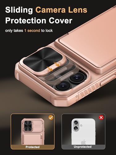 Image of Vihibii for iPhone 16 Case Wallet with Card Holder (4 Cards) [RFID Blocking] & Slide Camera Cover, Military Grade Drop Protection, Rugged Back & Silicone Edge Phone Cover, 6.1 inch 2024, Rose Gold