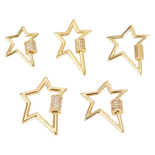 FASHEWELRY 5Pcs Cubic Zirconia Star Carabiner Lock Charms 18K Gold Plated Necklace Jewelry Clasps Connector Charm for DIY Jewelry Making