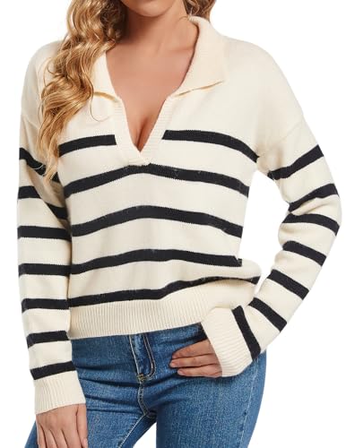 Womens V Neck Striped Pullover Drop Shoulder Sweater Collared Long Sleeve Top